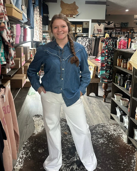 Rowdy Ruffles Denim Pearl Snap