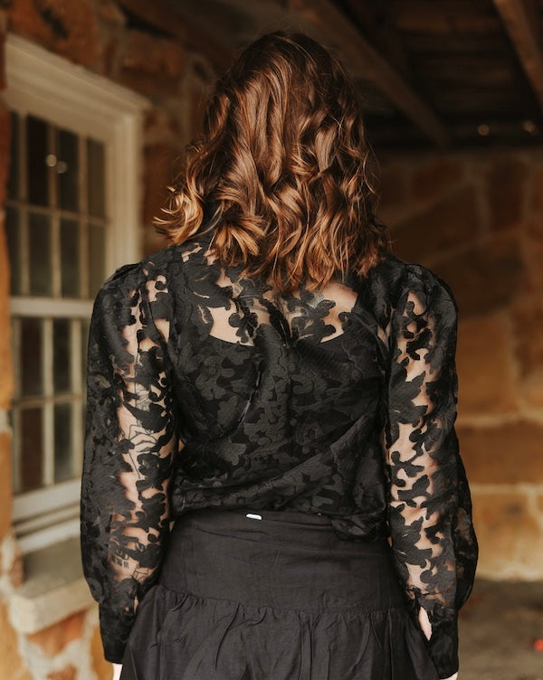 Black Puff Sleeve Button Down Top