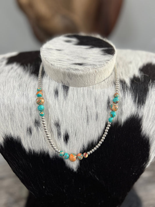 Graduated Gemstone Silver Pearl Faux Necklace