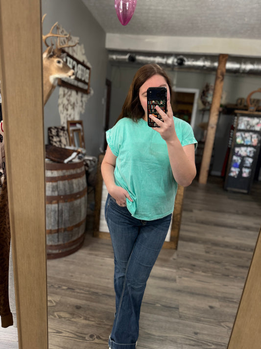 Mint Mineral Wash Top Rolled Sleeves