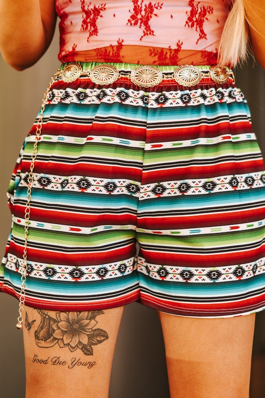 Serape Elastic Waistband Shorts W Pockets