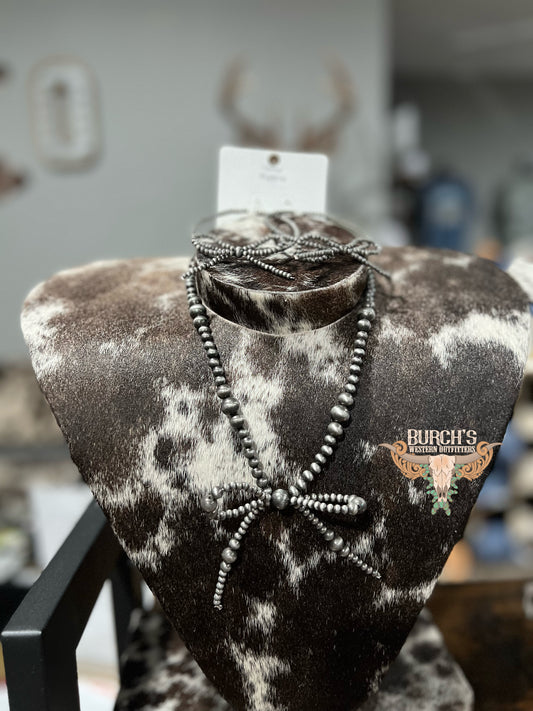 Silver Bow Necklace & Earring Set Faux