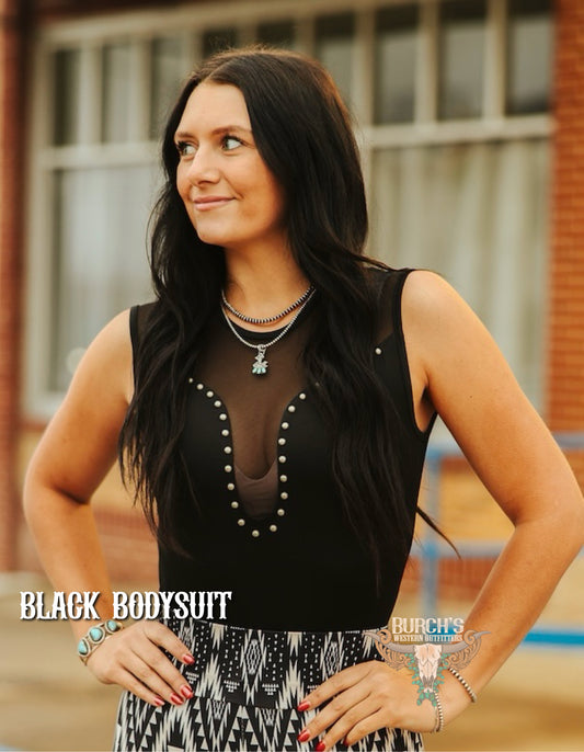 Black Studded Mesh Front Bodysuit