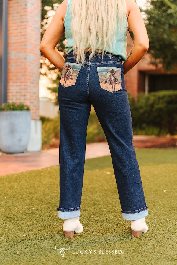 Dark Wash Straight Leg Vintage Cowboy Back Pocket
