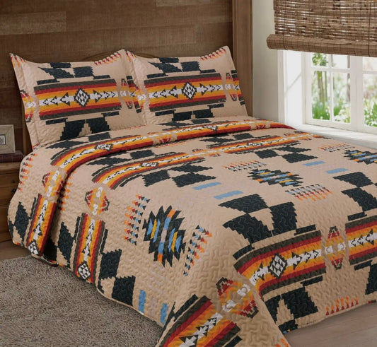 Taupe Aztec 3 Piece Quilt Set