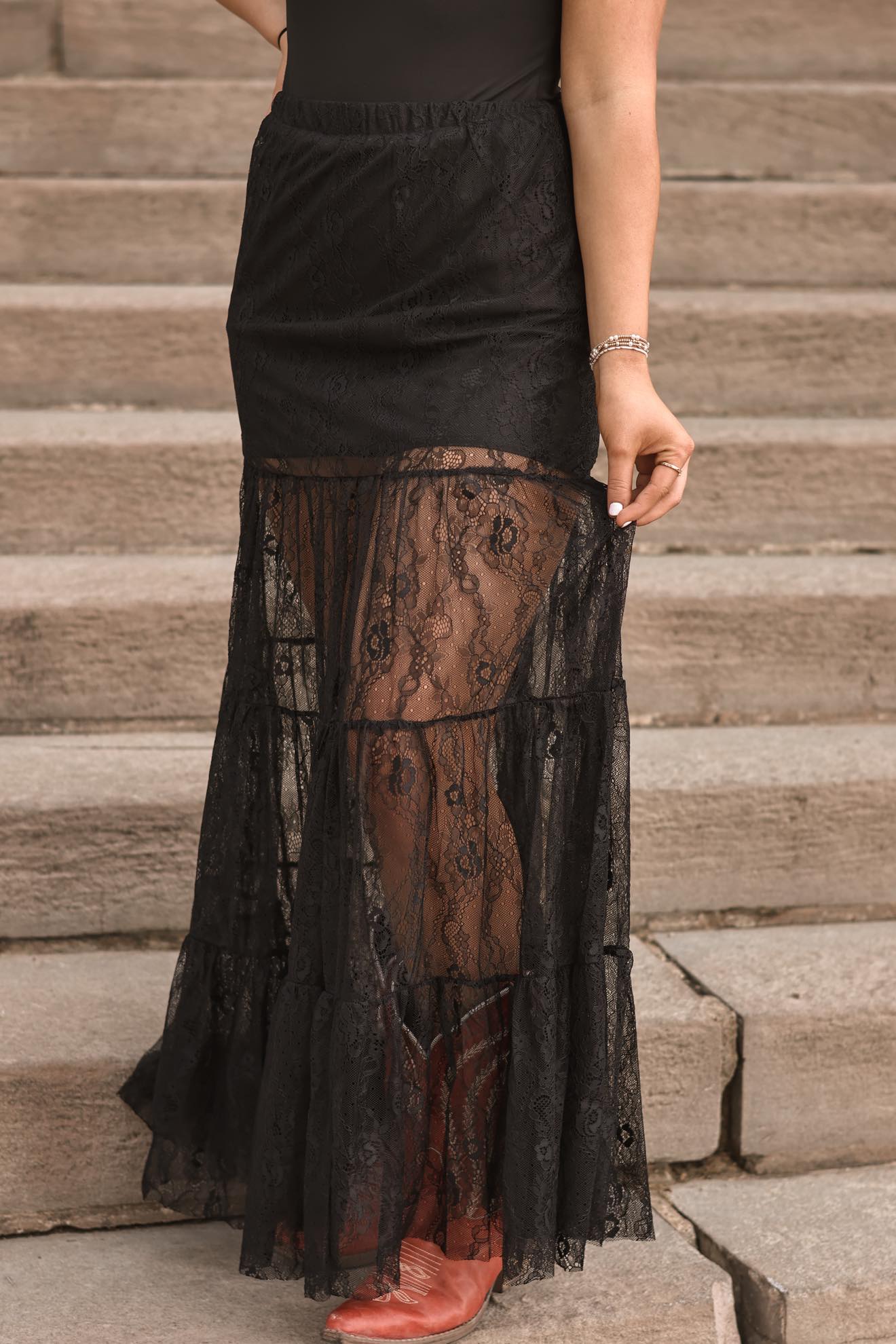 Black Lace Tiered Ruffle Skirt