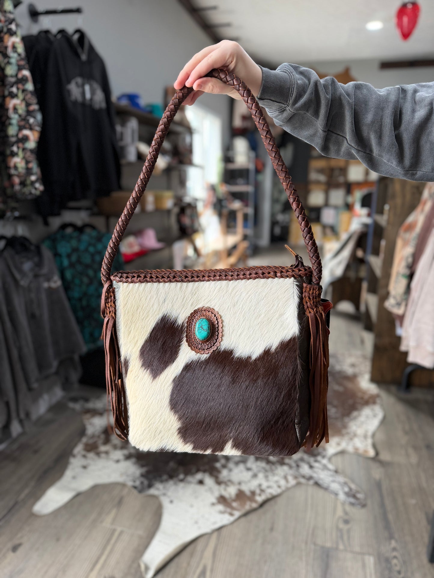 Cowhide Braided Slim Tote