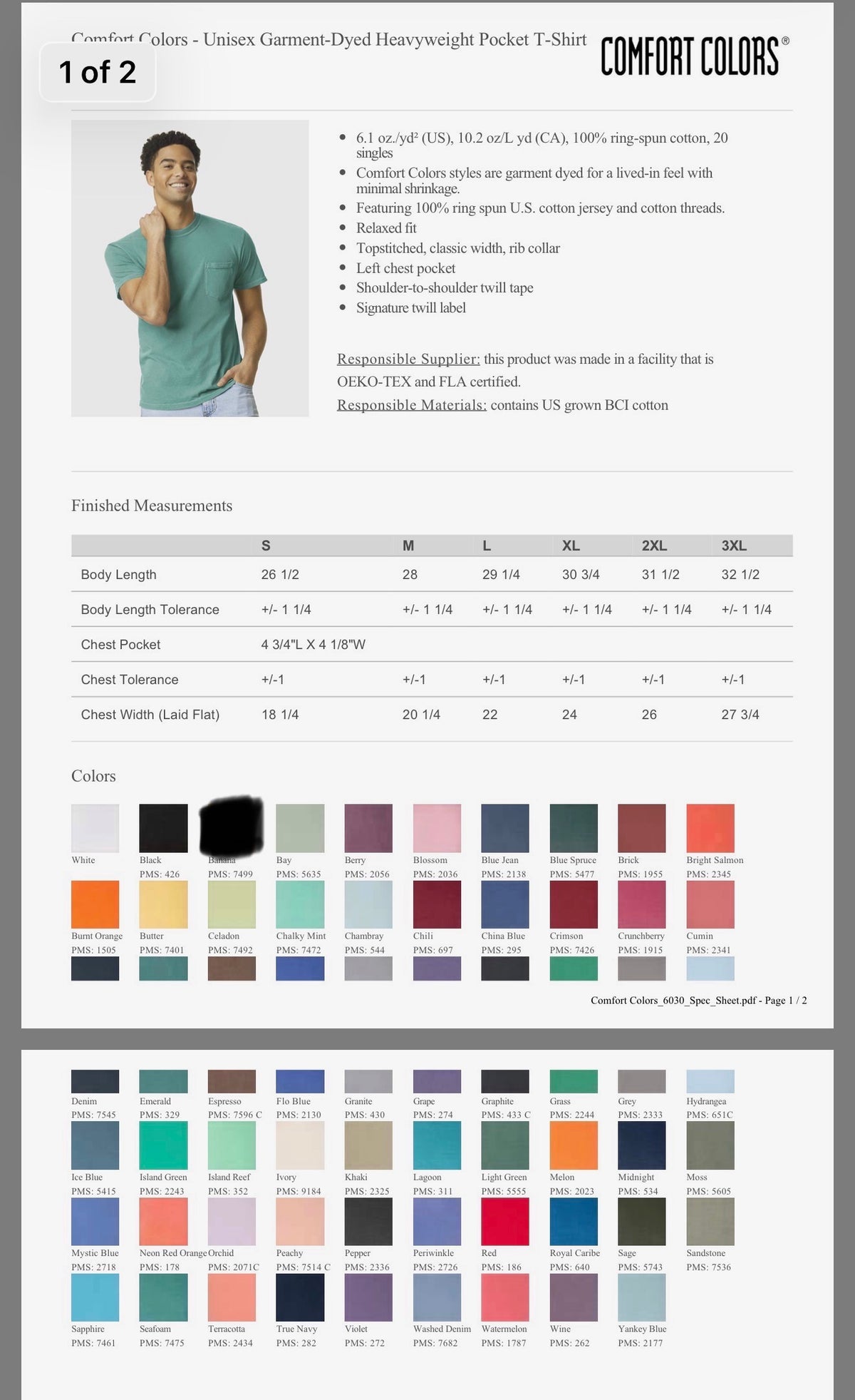 A product information sheet for a Comfort Colors t-shirt, showing a model wearing the shirt, a list of features, finished measurements in a table, and multiple color swatches under the Comfort Colors brand.