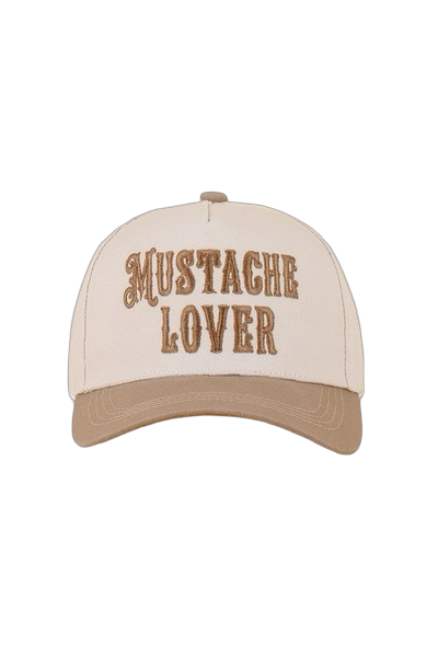 Beige cap with 'Mustache Lover' text on a white background