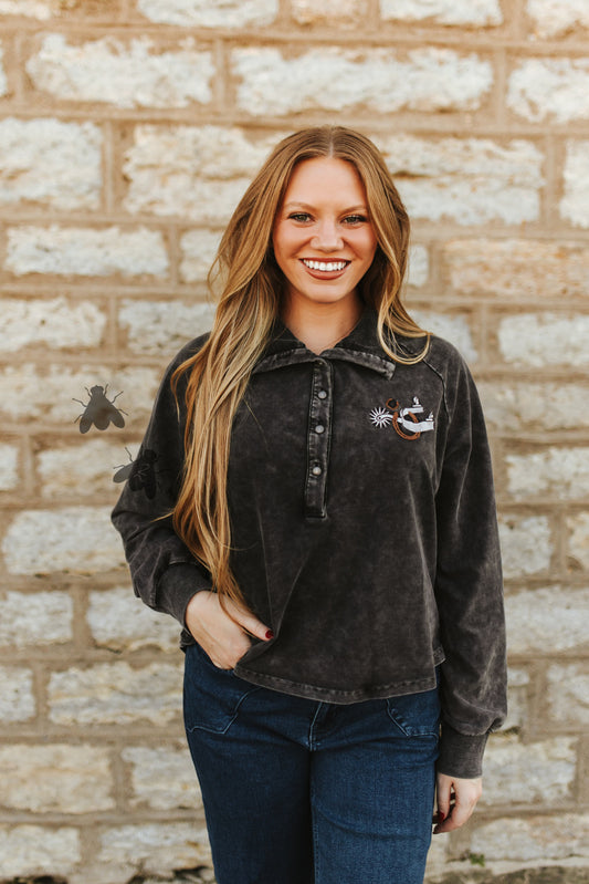 Rowel ‘Em Up Charcoal Embroidered Pullover