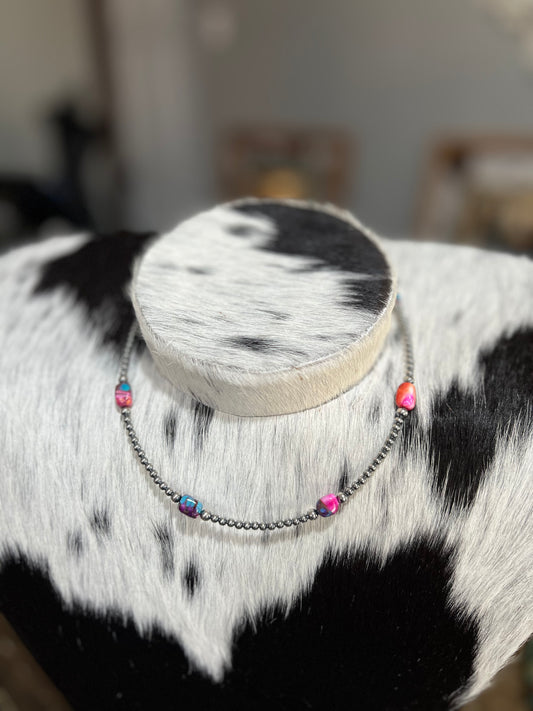 Sterling Silver Pink Dye Turquoise Choker Necklace