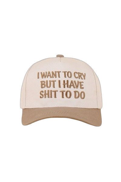 Beige and brown cap with text on a white background
