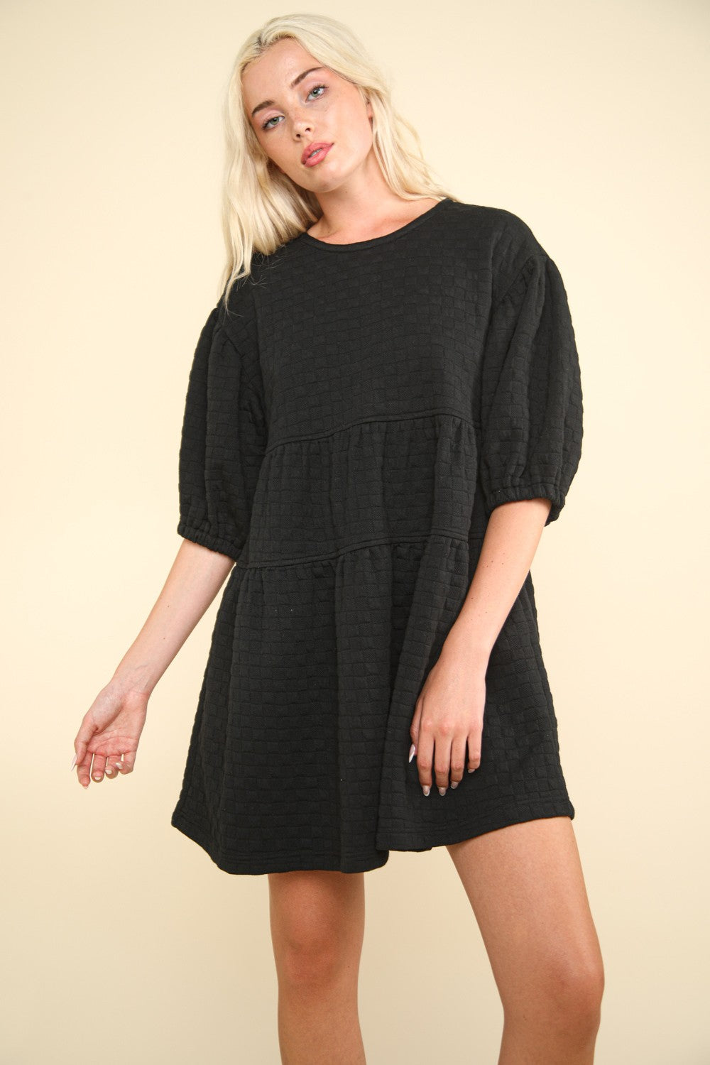 Black Quilted Knit Babydoll Dress