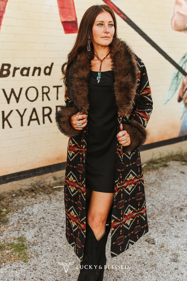 Black Aztec Fur Collar Long Coat Removable Fur