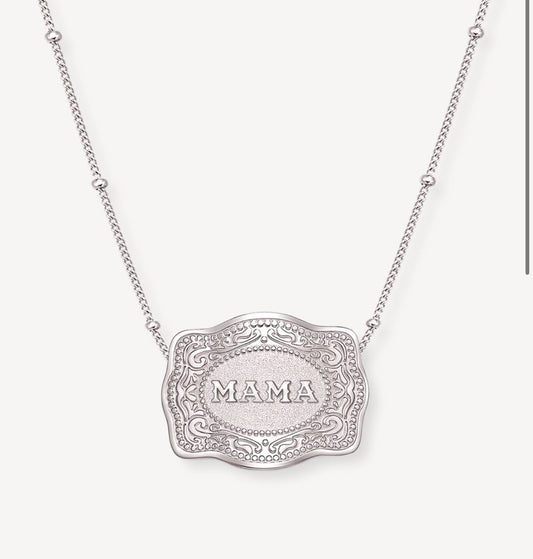 Mama Silver Belt Buckle Necklace