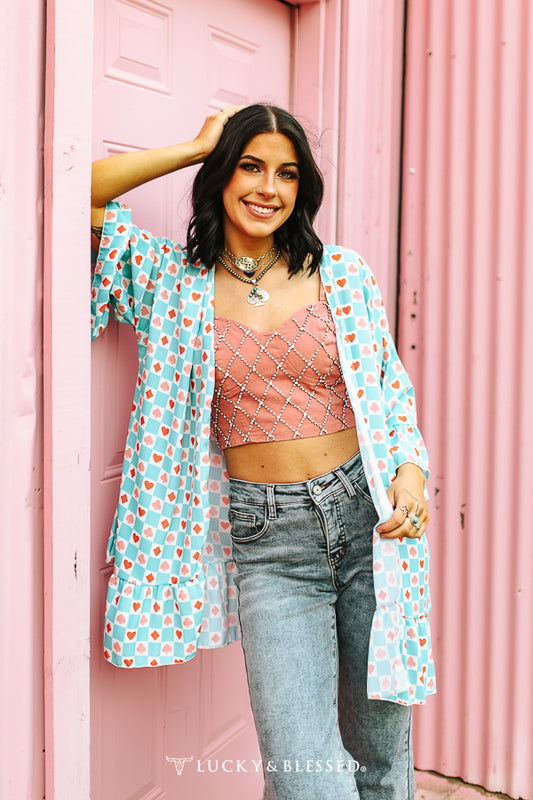 Turquoise Checkered Ruffle Kimono