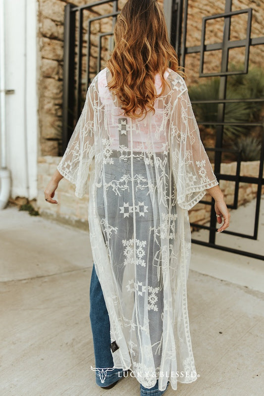 White Western Embroidered Mesh Lace Duster