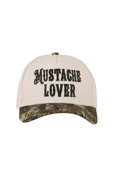 Cap with 'Mustache Lover' text on a white background