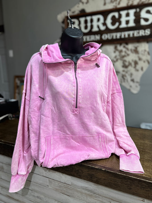 Bubblegum Pink Mineral Wash Quarter Zip Hoodie