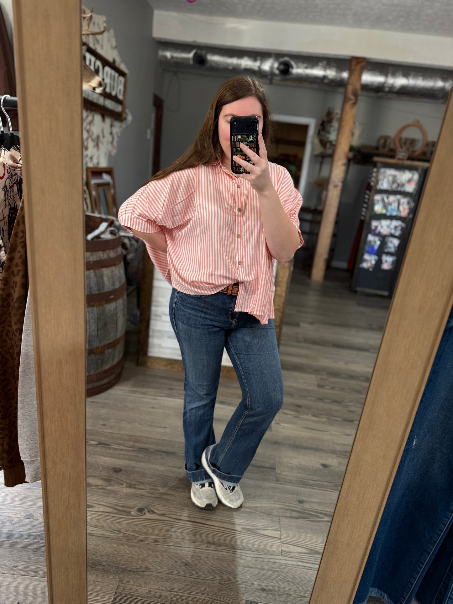 Coral Stripe Short Sleeve Oversized Top