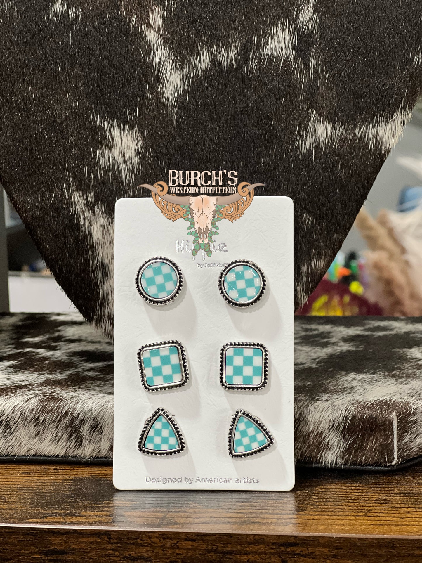 Turquoise Checkered Stud Pack Faux