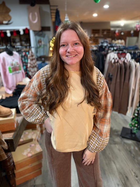 Solid Top With Plaid Sleeves