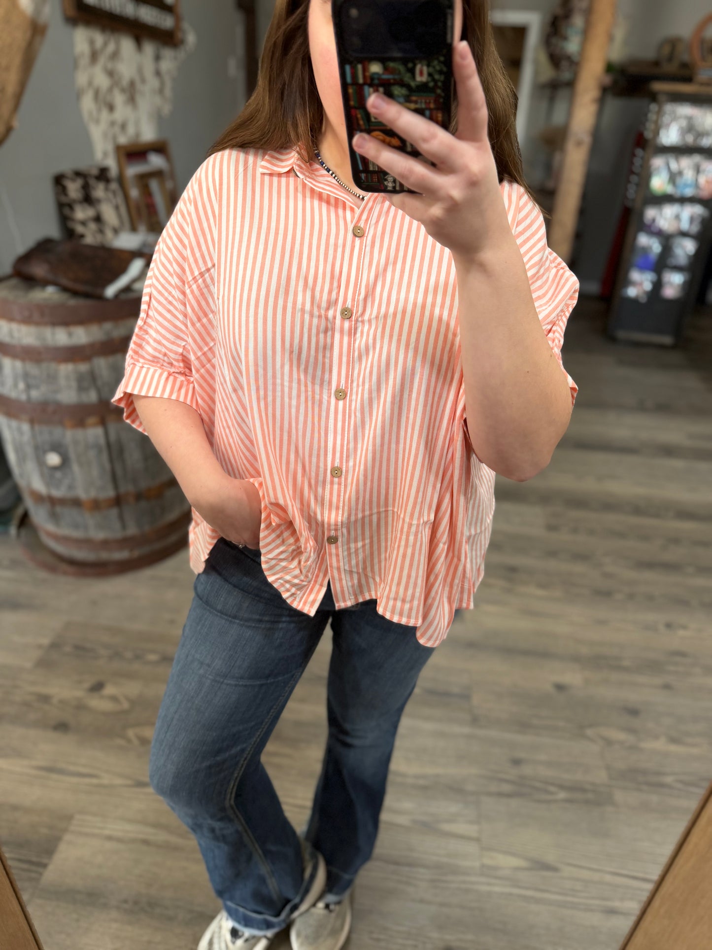 Coral Stripe Short Sleeve Oversized Top