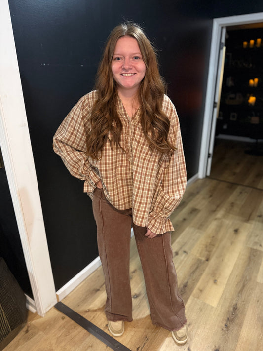 Oatmeal Plaid Woven Top