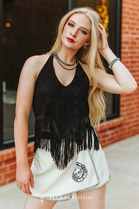 Black Lace Fringe Halter Top
