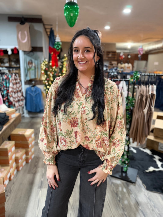 Taupe Floral Print Woven Top