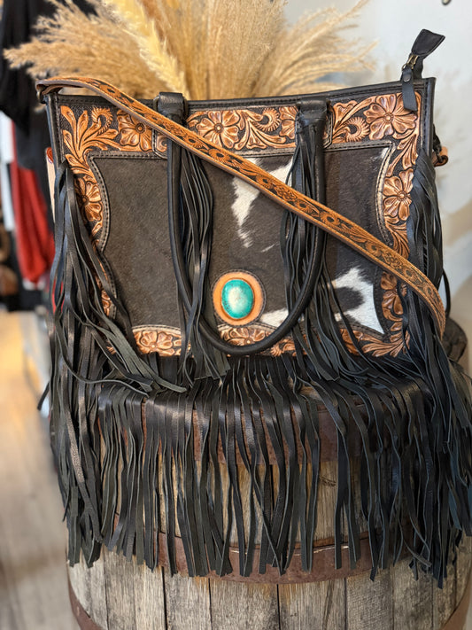 Cowhide Fringe Leather Crossbody Tote