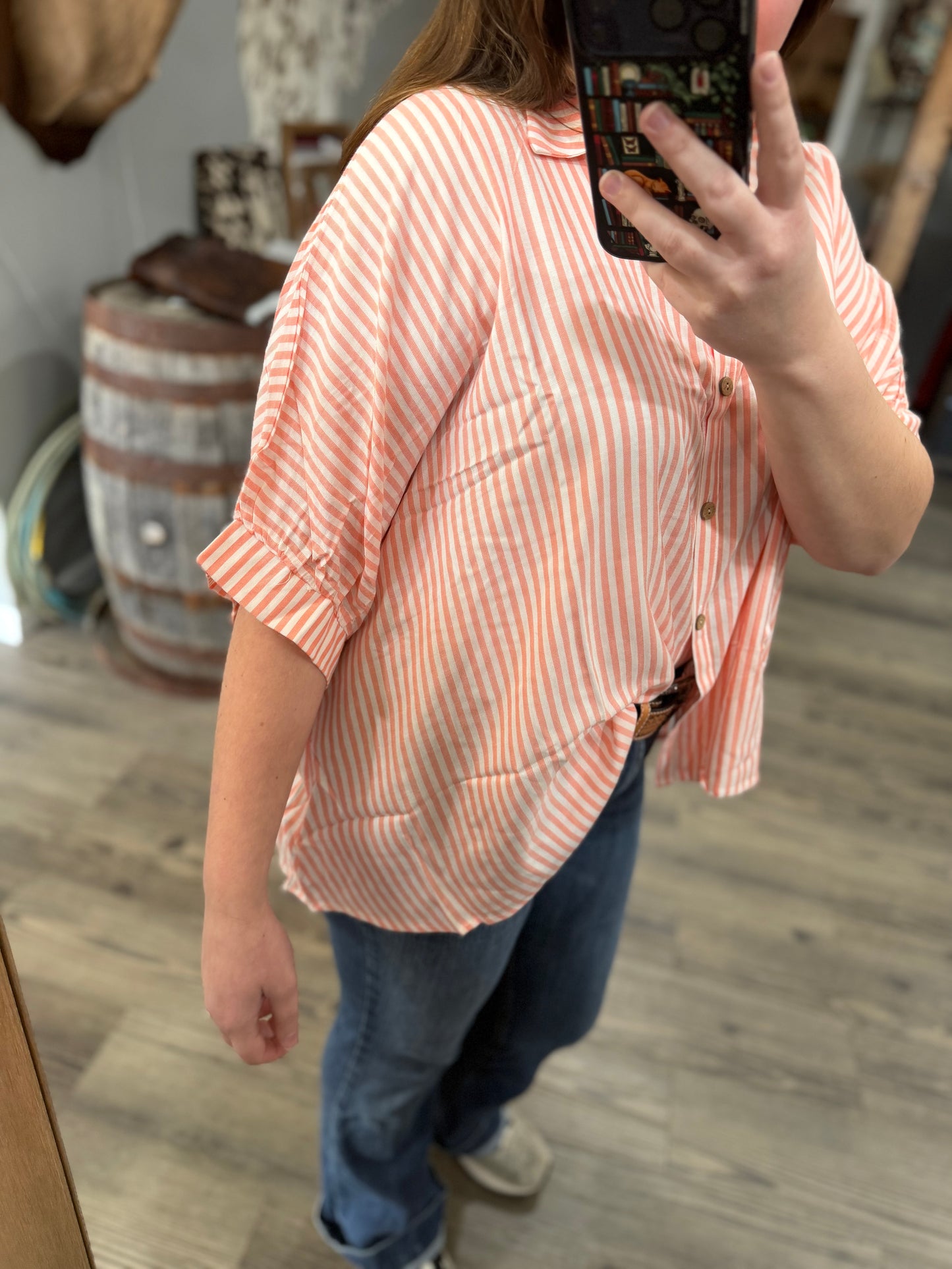 Coral Stripe Short Sleeve Oversized Top