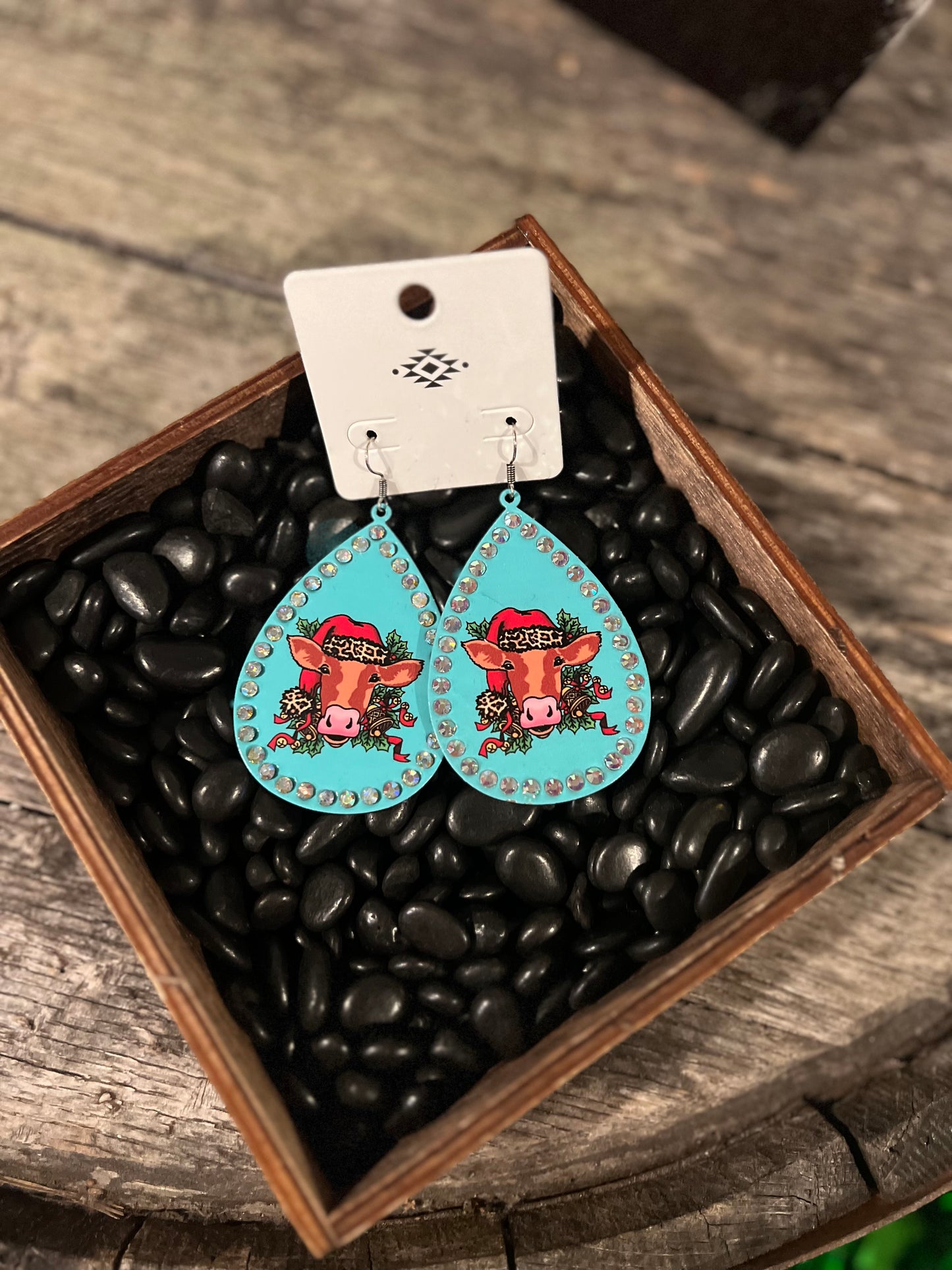 Teal Cow Christmas Earrings