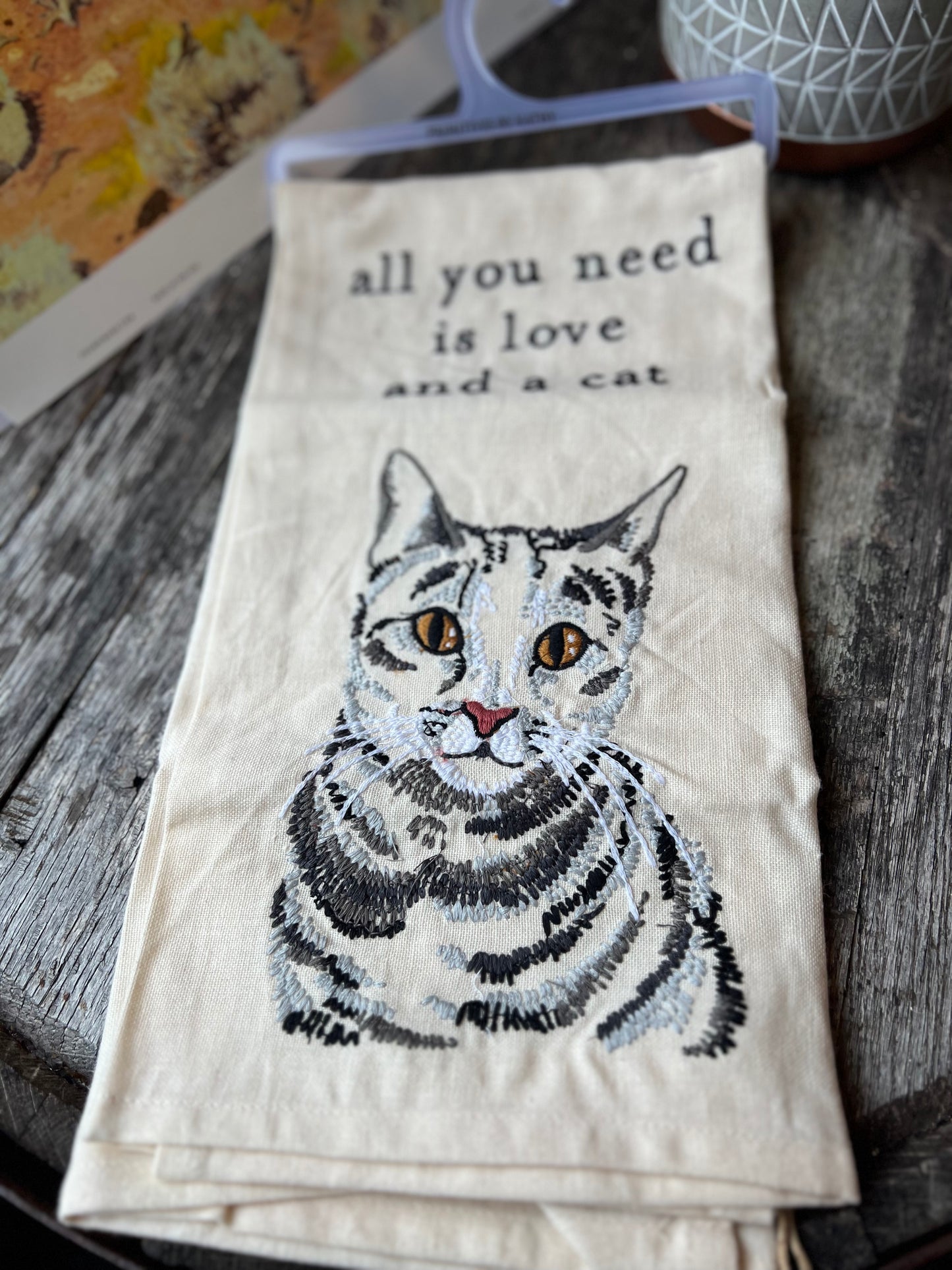 Bonnie Gray Embroidered Cat Kitchen Towel