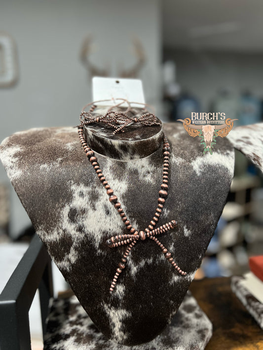 Copper Bow Necklace & Earring Set Faux