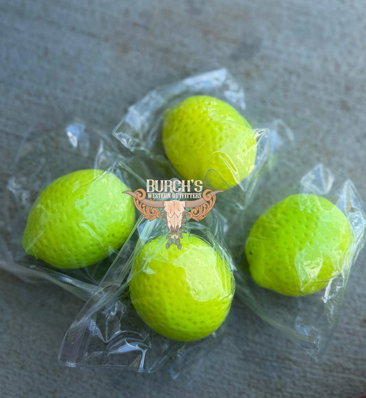 Four green squishy lemon balls in clear plastic packaging with Burch's Western Outfitters logo.