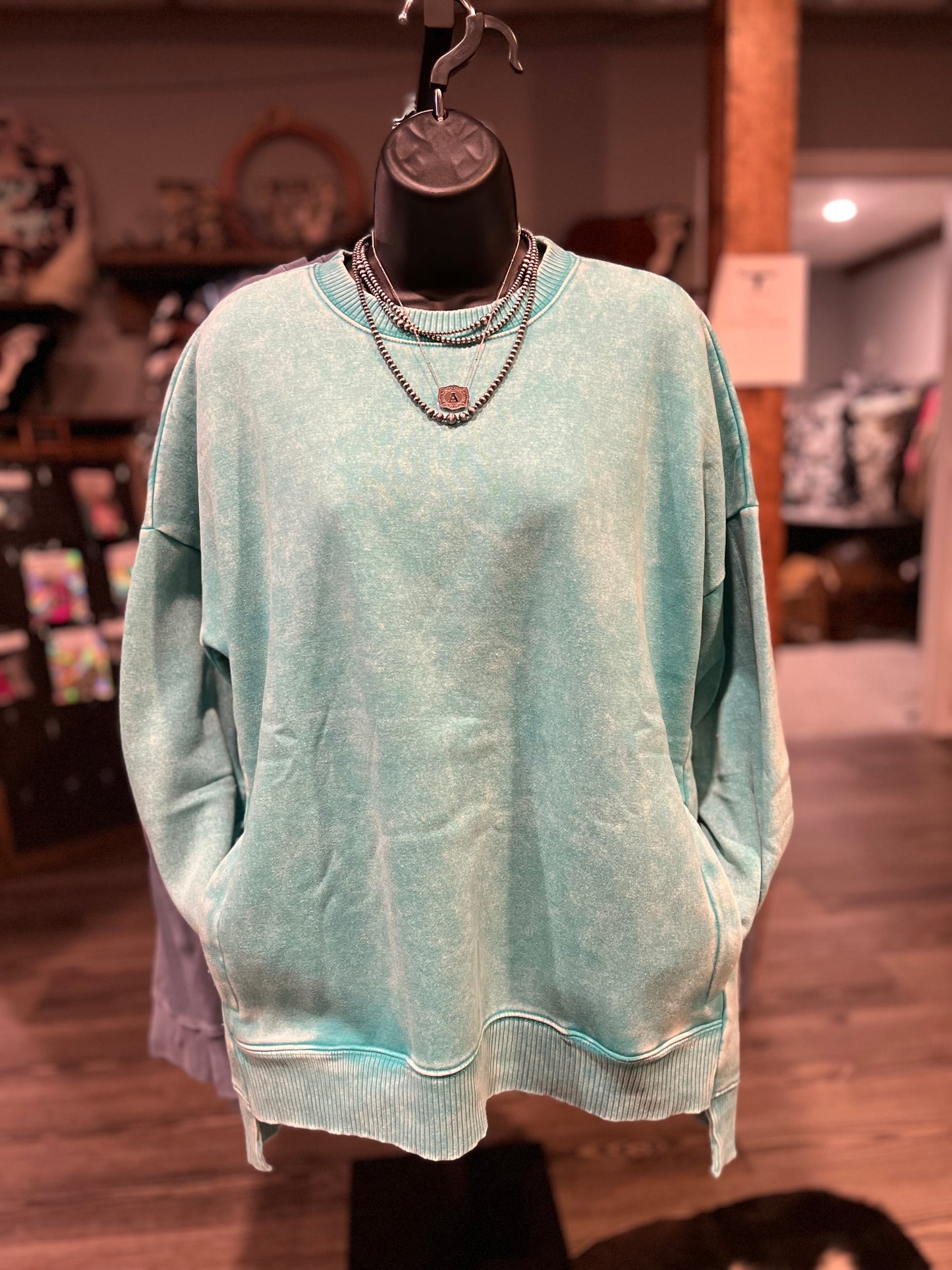 Teal Mineral Wash Pocket Pullover