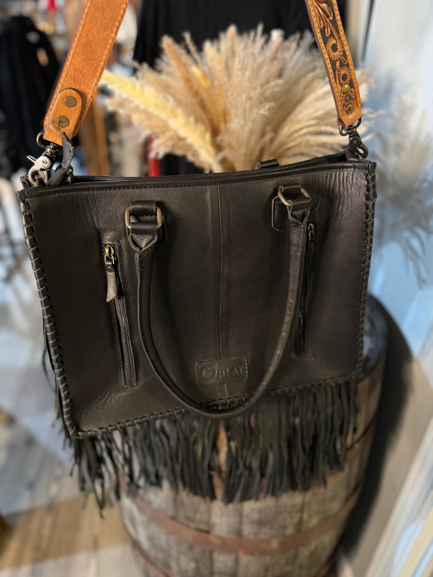 Cowhide Fringe Leather Crossbody Tote