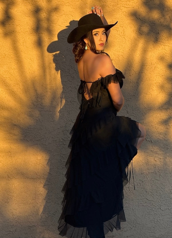 Black Ruffle Mesh Lined Dress
