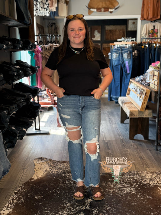 The Koe’s Ripped Straight Leg Risen Jeans