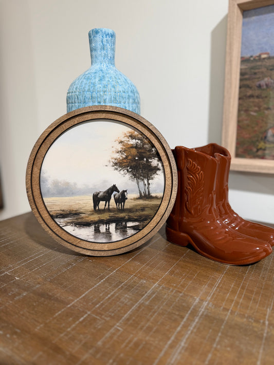 8" Round Pasture Horses Art
