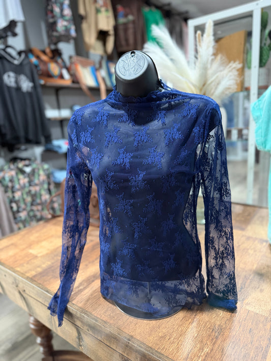 Navy Lace Mesh Layering Top