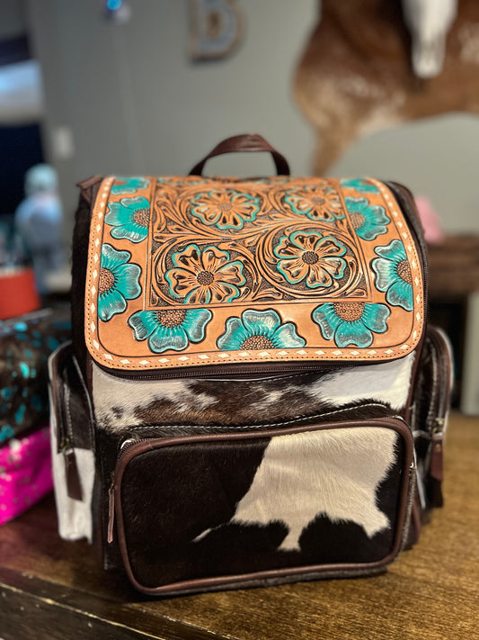 Turquoise Flowers Tooled Backpack / Diaper Bag