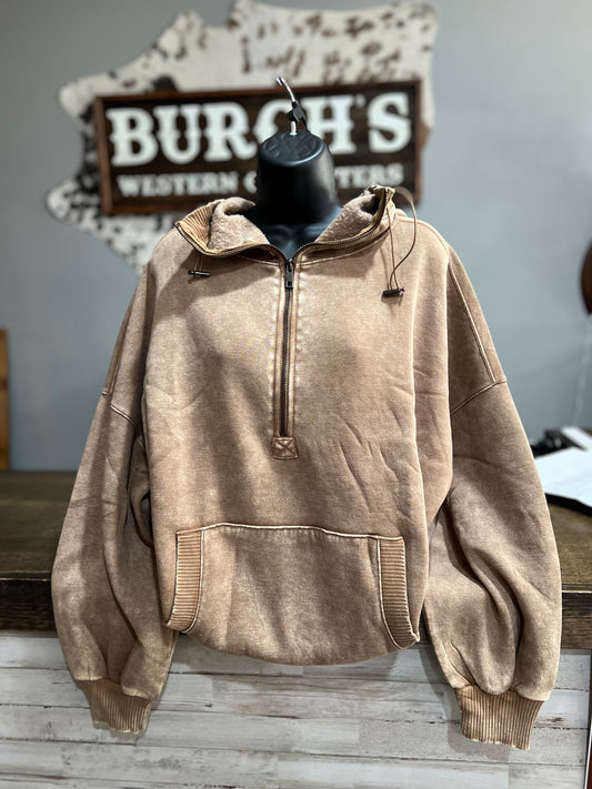 Mocha Mineral Wash Quarter Zip Hoodie
