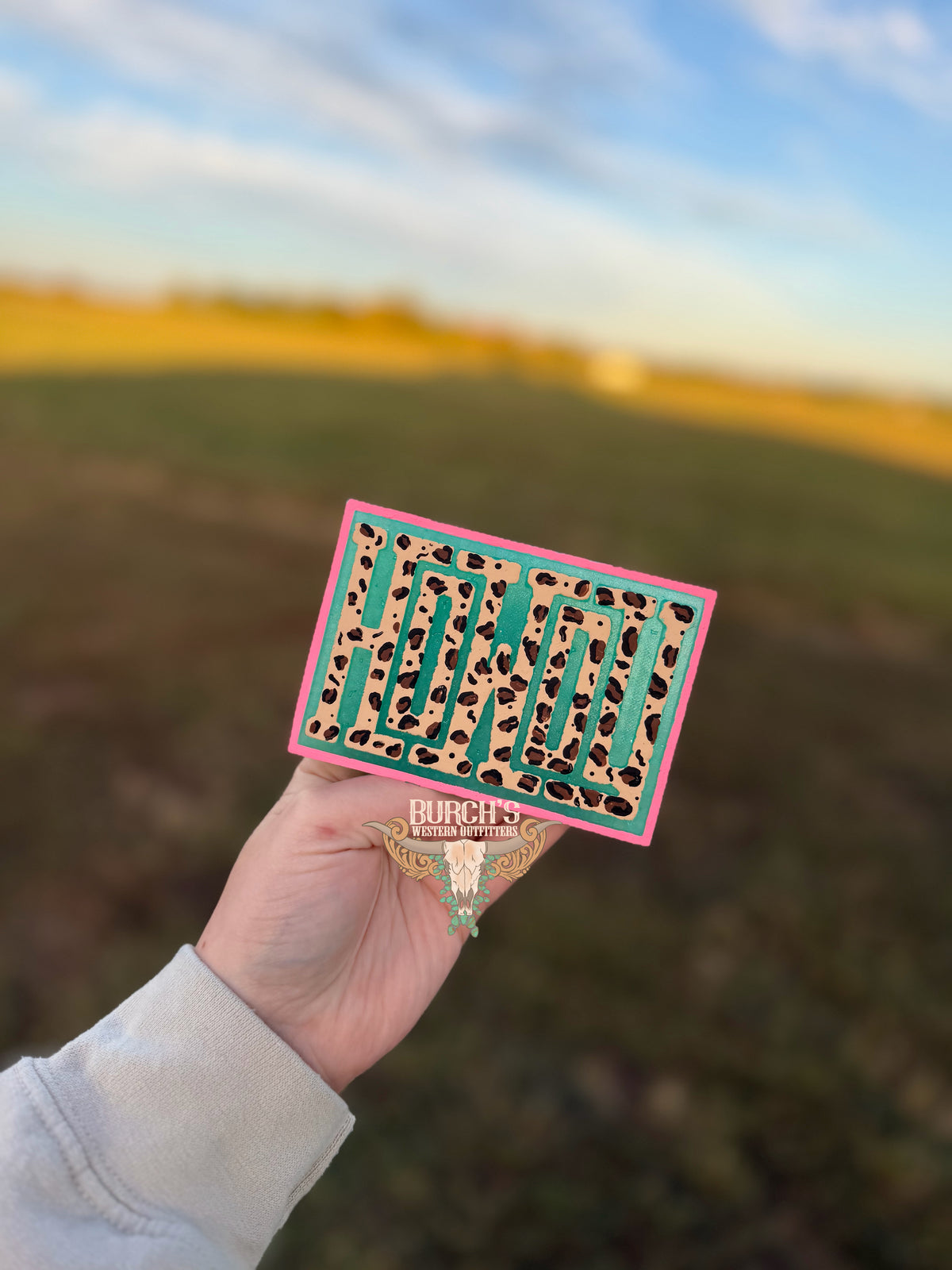 A hand holding a rectangular decorative freshie with a pink border, teal background, and leopard-print lettering that reads 'HOWDY” against a blurred outdoor field background.