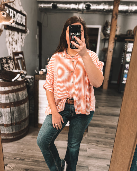 Coral Stripe Short Sleeve Oversized Top