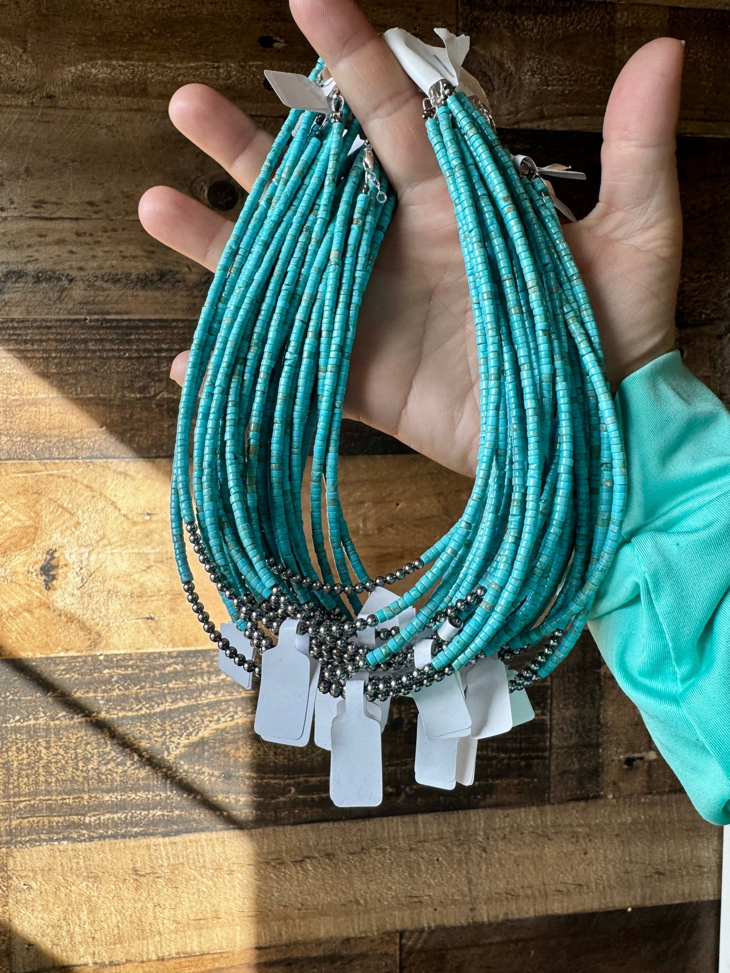 3 mm Sterling Silver Pearls choker with magnesite darker turquoise heishi - western jewelry