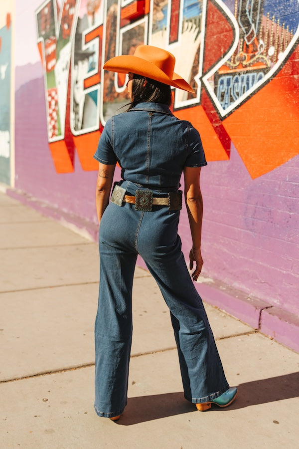 Mid Wash Denim Zip Up Flare Jumpsuit