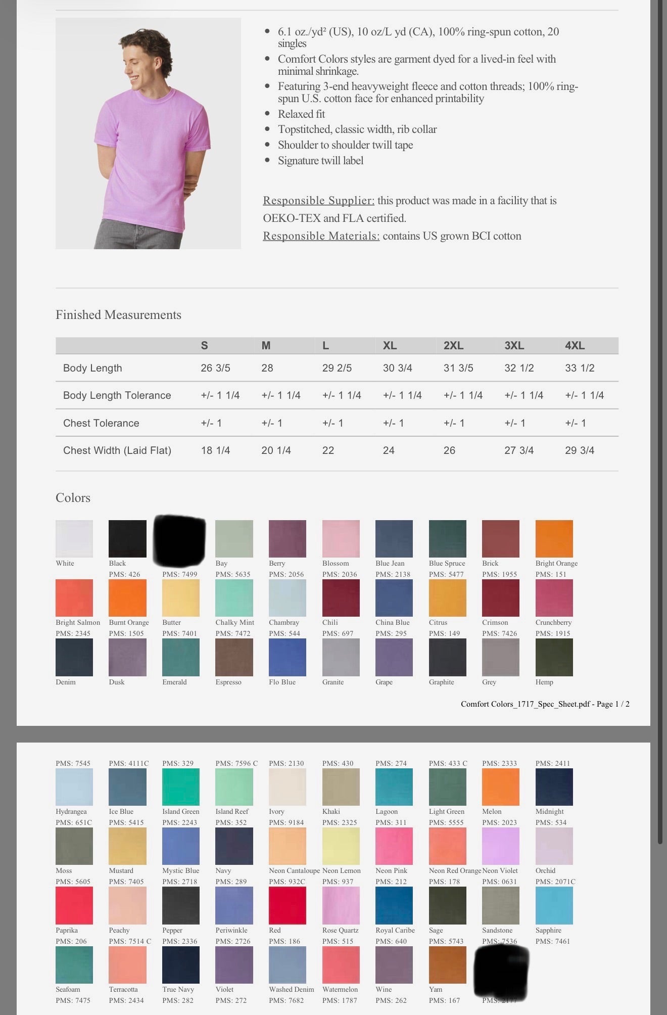 A printed catalog page showing a man wearing a light purple t-shirt, product specifications, a finished measurements table, and multiple color swatches for Comfort Colors t-shirts.