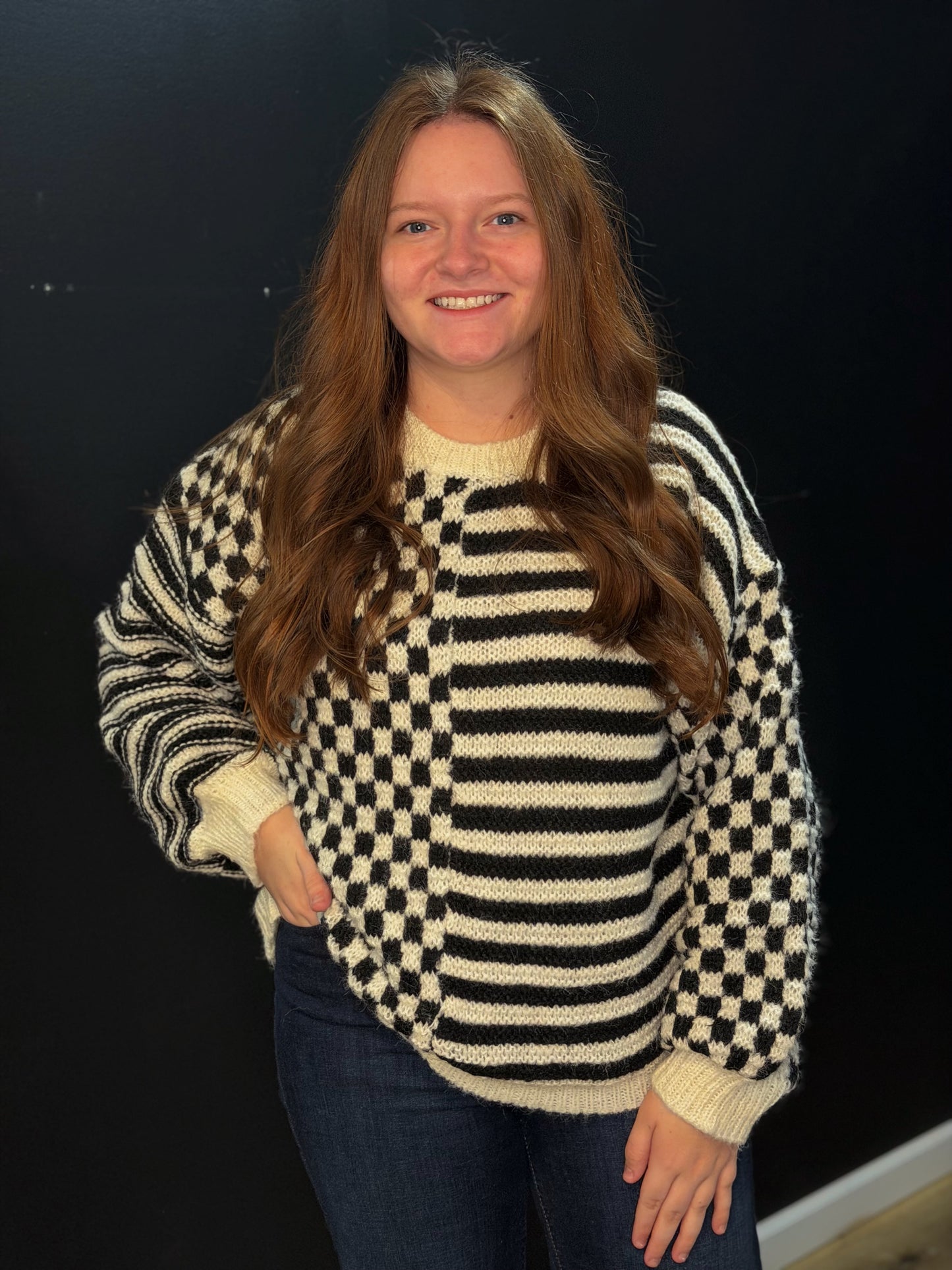 Oversized Checkered Stripe Sweater